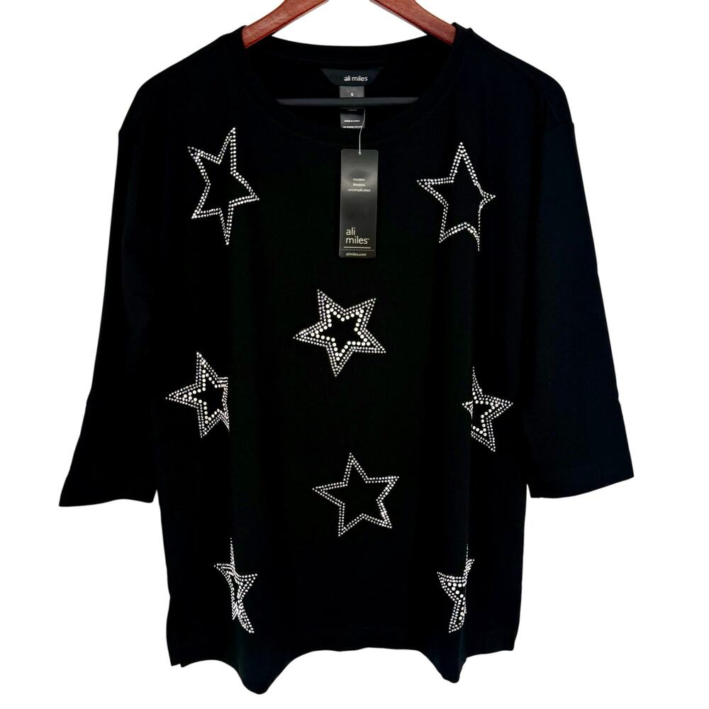 NEW NWT Ali Miles Sz Small Black Silver Sparkly Stars Winter Blouse Shirt Top